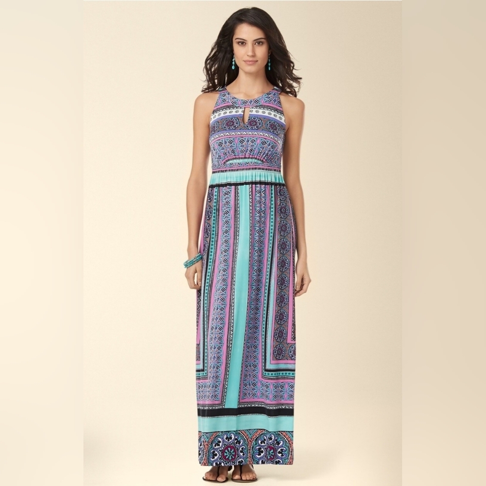 Soma Sleeveless Empire Keyhole Maxi Dress Cultured Scarf Multicolored Boho sz M